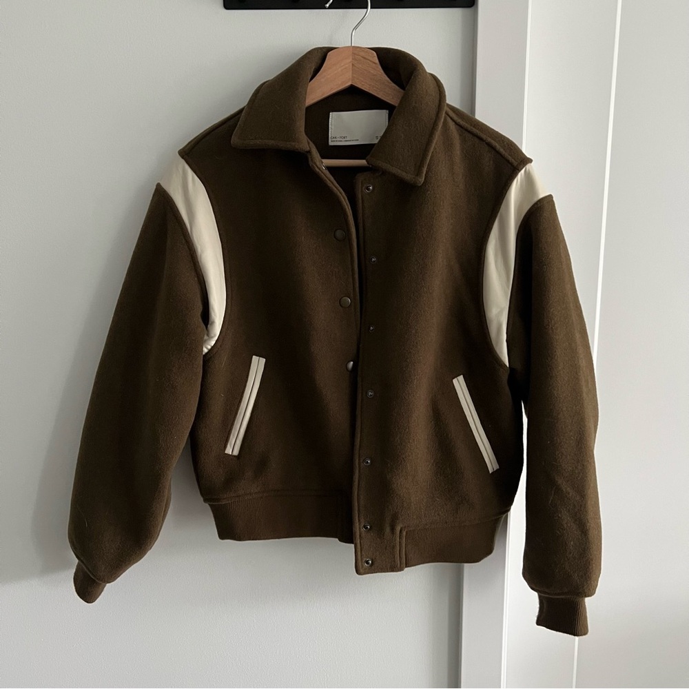 Oak + Fort Brown Wool Varisty Bomber Jacket